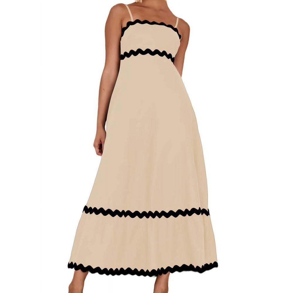 Unbranded Maxi Dress Apricot M Beige Black Ric Rac Trim Tiered Scalloped Boho